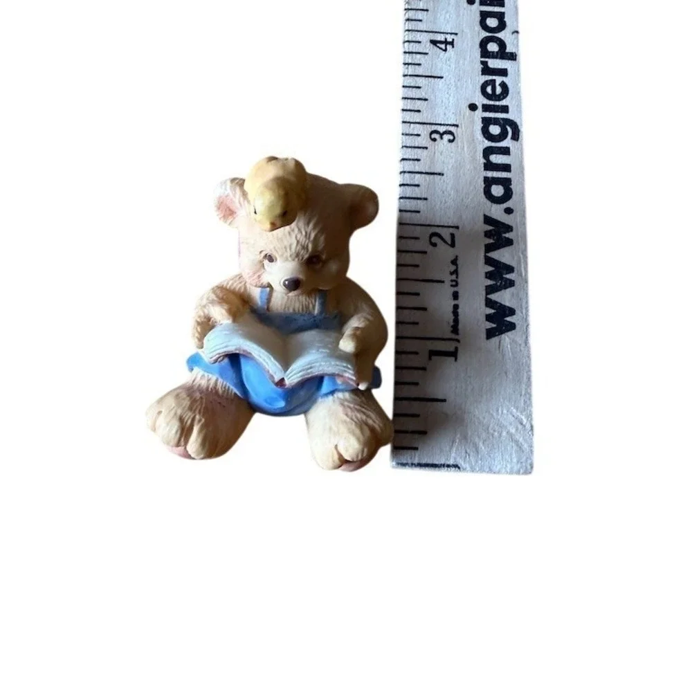 Cherished Teddies Mini Teddy Bear Figurine‎ Reading Book with Bird 2.5in